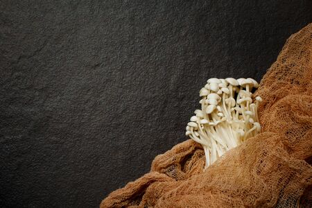 Enoki,  Enokitake, Flammulina velutipes, edible mushroom popular in Japanese cuisine. Heap of little white mushrooms served on neutral black background with copy space.の写真素材