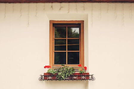 Cozy window with pots with red blossoming flowers in pink beige wall, italian styleの写真素材