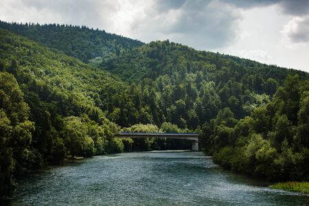 Summer landscape with mountain river running among hills covered with green woodland, Slovakian land, nature wildlife backgroundの写真素材