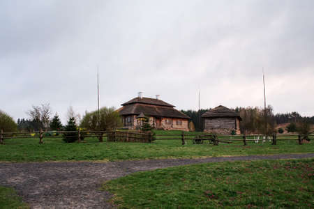 Reconstructed traditional village wooden house in Western Belarusの写真素材