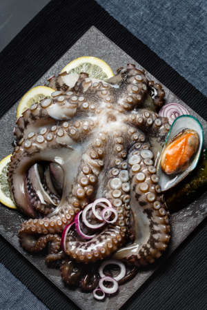 Seafood, whole raw big octopus on a stone dish served with mussels, lemon and red onion ready for cooking, view from aboveの写真素材