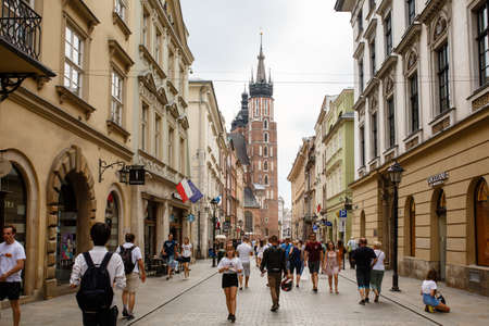 KRAKOW, POLAND - July 21, 2019: Florianska street, the beginning of the Royal Road in old town of Krakow with the view on Cathedral, one of the main streets in the cityのeditorial素材