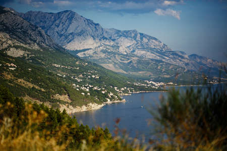 Mountain landscape view, travel destination outdoors background, Croatian mountains, coastline of the Adriatic seaの写真素材