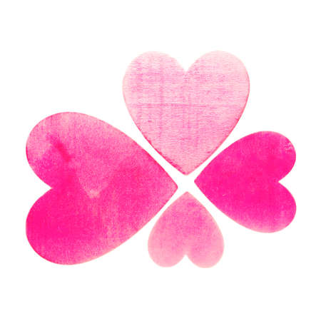 Love symbols on Valentine day, bright pink painted hearts on white background top view