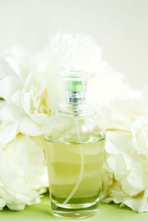 Mockup glass bottle with perfume among fresh white peony flowers on light green pastel colorの写真素材