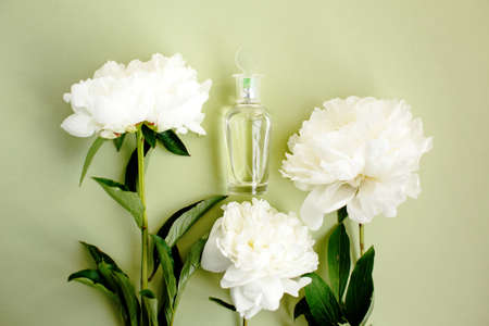 Transparent mockup glass bottle with perfume among fresh white peony flowers on light green pastel color, top viewの写真素材
