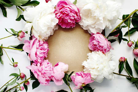 Simple flat lay flower frame of pink and white peonies, spring and summer season concept