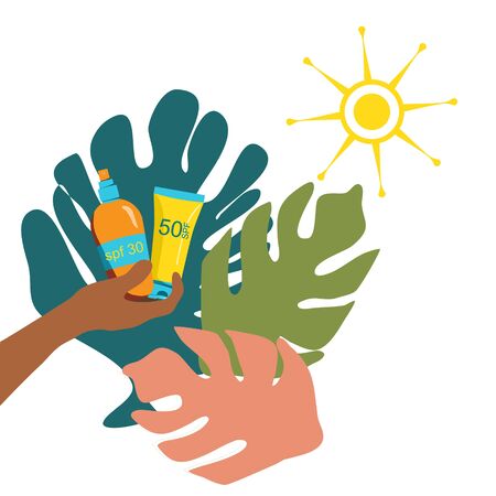 Sunscreen gel and tanning oil in hand with tropical leaves .Prevention of aging and skin cancer for kids and adults.Flat isolated vector illustration of UV sun protection on white backgroundのイラスト素材