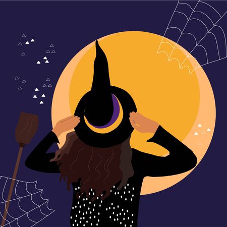 A girl in a witch costume stands with her back and looks at the moon. Greeting card or invitation to Halloween party with spider web and broom around.Wizard in a pointed hat at night.Hand drawn vectorのイラスト素材