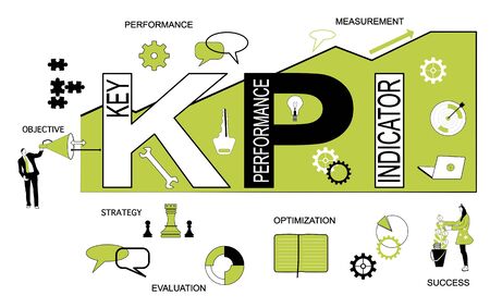 Key Performance Indicator (KPI) typography vector illustration with icons for business, teamwork,office people,target,keys, bubbles.Growth curve with arrows strategy, optimization. Horizontal bannerのイラスト素材