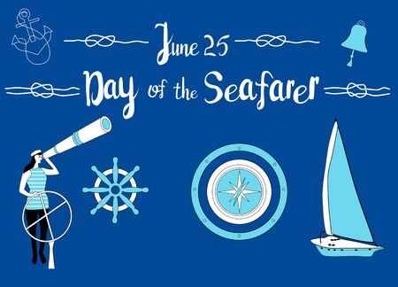 Day of the seafarer 25 June vector illustration. Sailor stands behind the steering wheel,looks into the suspension pipe.Sailing yacht, compass, anchor and nautical knots around.Lettering for postcardのイラスト素材