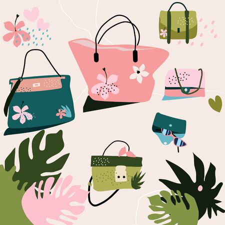 Set of womens handbags and purses with floral prints in pastel colors.Fashion accessories for the beach and city.Lotus flowers,tropical leaves around.Hand drawn vector Illustration for shop signboardのイラスト素材