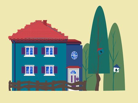 Cozy European houses flat cartoon vector illustration. Hand drawn greeting card. Birdhouses and flat trees around cute houses. Hearth and home in Germany. The property, real estateのイラスト素材