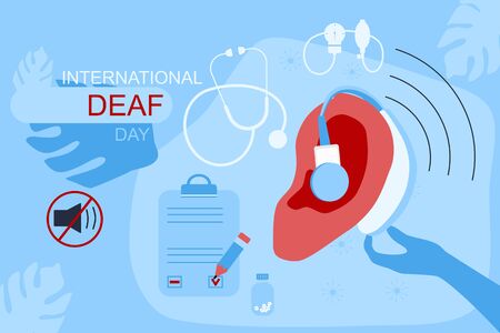 International Deaf day 23 september website template.Ear with hearing aid,aerophone. Hearing disability concept,ear protection.Without sound sign.Medical icons,patient card flat illustration.のイラスト素材