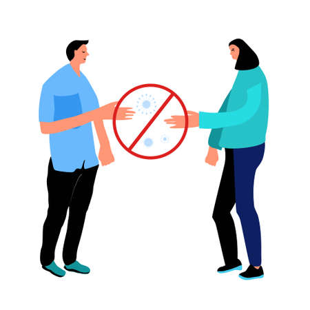 Stay safe by avoid handshakes and physical contact when meeting during outbreak.Coronavirus pandemic,prevent second wave,healthcare vector illustration.Flat man and woman.Virus transmission.Covid-19のイラスト素材