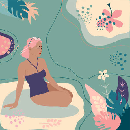 Young woman sitting on the beach in swimsuit around tropical jungle leaves,dreaming and sunbathing.Hand drawn vector trendy illustration with abstract background.Pastel colors in minimalistic designのイラスト素材