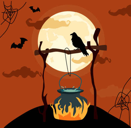 Halloween night party invitation or greeting card.Potion poison boils in a cauldron.A witch's...