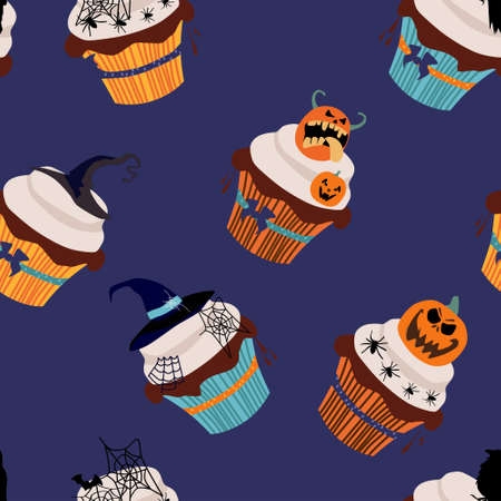 Halloween seamless pattern with cupcakes,traditional symbols.Marzipan Jack-o'-lantern,chocolate raven,cobwebs and spiders,witch hat made of fudge,vanilla cream,chocolate icing. Print for Halloween invのイラスト素材