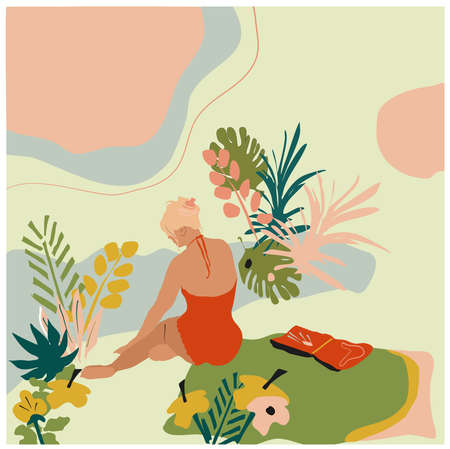 Young woman sitting on the beach in swimsuit around tropical jungle leaves.She reads book.Hand drawn vector trendy illustration with abstract background. Pastel colors in minimalistic design conceptのイラスト素材