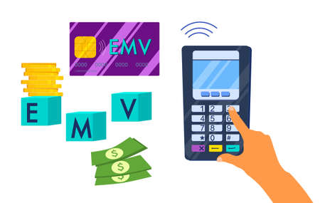 EMV chip smart credit or debit card.Contactless payment method. Hand entering PIN code,using POS terminal for money transfer.Digital technology, swipe machine. Vector illustration in flat styleのイラスト素材