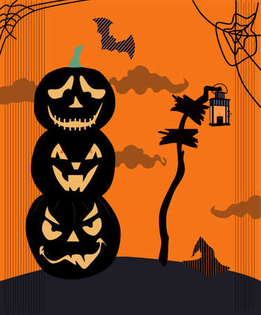 Halloween scary night.Jack o lanterns with weird facial expressions, clumsy dry tree, gothic lamp with candle, bats and other traditional festival symbols.Party invitation or sale flyer.Vector.Cobwebsのイラスト素材