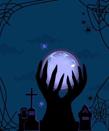Halloween illustration with witch's magic luminous ball and cemetery,tombstones.Conjure,make a prediction.Spooky night background,spiders silhouettes and cobwebs.Vector party invitation,greeting cardのイラスト素材
