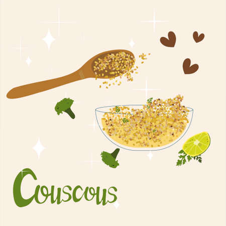 Herbal couscous porridge or quinoa with broccoli.Vegan organic food. Steamed balls of crushed durum wheat semolina.Spoon with grain. Hand drawn doodle vector poster for cafe menu.Lemon slice,letteringのイラスト素材