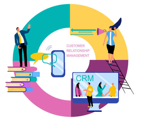 CRM (Customer relationship management).People analysing clients profile and database,promoting,planning tasks,deals.Organization of work with buyers.Programm system in desktop computer.Teamwork.Vectorのイラスト素材