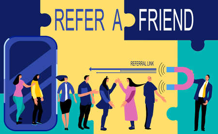 Refer a friend loyalty program, promotion method. Group of people going out of smartphone. Manager attracts buyers with a huge magnet. Social media marketing strategy. Puzzles around.Web design vectorのイラスト素材