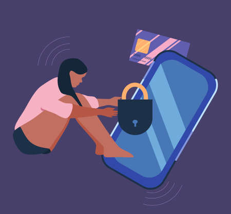 Nomophobia, social media addiction or overuse. Psychological or behavioral dependence on internet. Shopaholic girl pulls her hands to credit card and phone. Flat style vector. Personal crisis.のイラスト素材
