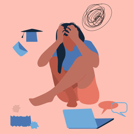 Creative fatigue. Young woman sits on the floor, clutching her head.Professional burnout, dismissal,failure of exams. Confused thoughts,girl fired.Person is tired,needs help.Desperation vector conceptのイラスト素材