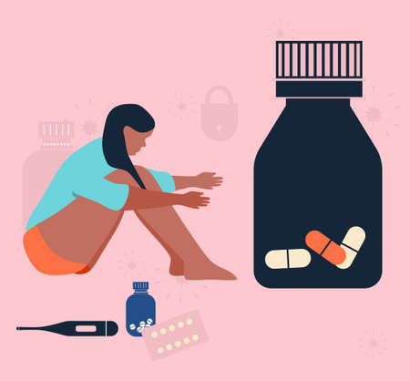 Hypochondria concept with young sitting woman. Drug addiction,panic fear of getting sick.Girl pulls her hands to a huge can of pills.Overdose, somatic symptom disorder.Stress,nervous breakdown.Vector.のイラスト素材