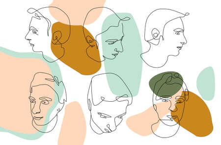 Continuous one line modern abstract male faces. Set of six hand drawn contemporary silhouettes.Minimalistic concept with fashionable men's style.Pastel colors trendy vector illustrations with spottedのイラスト素材