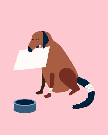 Poor homeless dog with a wounded tail and paw is begging on the street with a cardboard box in its mouth.Animal shelter, donations, fundraising for food and treatment concept.Social flat vector posterのイラスト素材