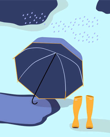 Umbrella lying in a puddle and yellow rubber boots standing on the ground. Autumn fashion concept for shop or store. Rainy windy weather and dark clouds. Vector illustration of seasonal sale.のイラスト素材