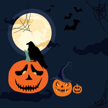 Halloween scary night.Jack o lanterns with weird facial expressions in witch hat. Gothic full moon with dark clouds. Raven or crow sitting on pumpkin. Flying bats and cobwebs around.Day of the Deadのイラスト素材