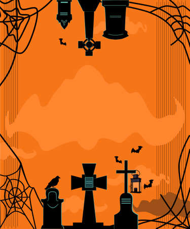 Cemetery with graves and crosses.Halloween greeting card.Spiders and creepy cobwebs around tomstones.Religion dark crosses.Day of the Dead.Trendy vector template,party invitation on orange backgroundのイラスト素材
