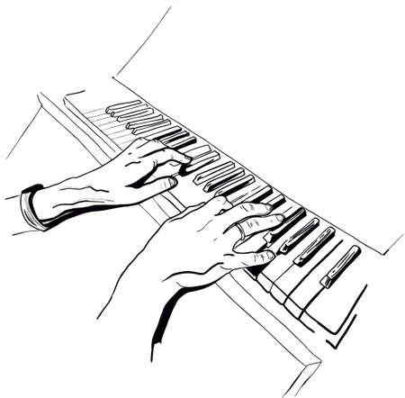 Male hands playing piano illustration in engraving style.Musical instrument with keys.Pianist with wedding ring. Scratch board imitation.Clavichord tune or synthesizer ink hand drawn vectorのイラスト素材