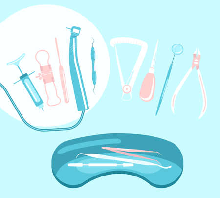 Dental tools and instruments in metal tray and around.Orthodontic prosthetics and filling, treatment of diseases of the oral cavity and caries.Tweezers,probe,spatula,drill and others vector for clinicのイラスト素材