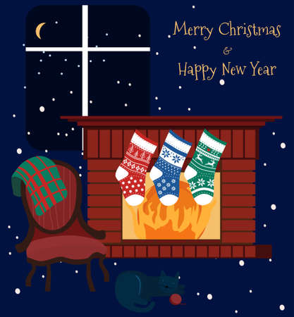 New Year 2021.Living room interior with fireplace with christmas knitted socks for presents,empire armchair with checkered plaid. Winter cozy atmosphere.のイラスト素材