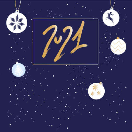 Happy New Year 2021 greeting card with gold lettering. Christmas tree toys with geometric snowflake,deer,zigzag. Winter holidays celebration. Template for promo sale.Vector illustration in flat style.のイラスト素材