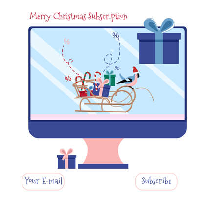 Christmas or New Year 2021 discount for educational or entertainment promotion.Desktop computer with sleigh full of presents.Special offer,winter sale.Bullfinch in santa claus hat runs a sledのイラスト素材
