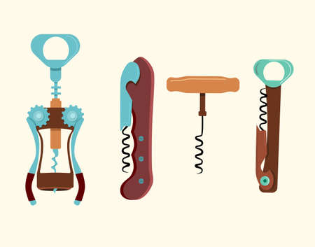 Corkscrews vector collection.Winery opener equipment isolated.Bottle-screw and vintage tailspin illustration for uncapping alcohol drink,champagne. Grape harvest,wine production concept in flat styleのイラスト素材