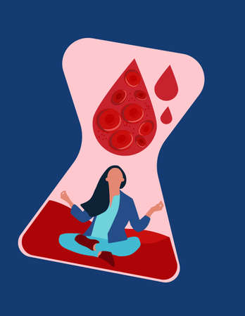 Woman meditates in the hourglass, and drops of blood with erythrocytes fall from above.のイラスト素材