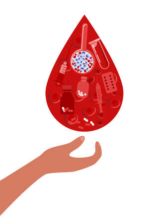 Human hand catching Drop of blood with Erythrocytes,magnifier with cancer analysis full of leukocytes,pills,other tools.のイラスト素材