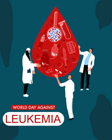 World Leukemia Day concept. Drop of blood with Erythrocytes,leukocytes, pills,tablets,medical tools. Tiny doctors make laboratory tests and cure.のイラスト素材