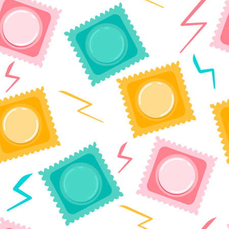 Seamless pattern with colourful condoms and lighting flashes. World contraception day. Safe sex concept. Latex preservatives in packing.Prevention AIDS, HIV, venereal diseases.Vector trendy printのイラスト素材