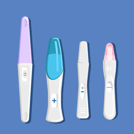 Pregnansy tests for home.Four different types and forms.Detection of the HCG hormone in urine.Baby planning and female health illustration.Reproduction and motherhood concept for obstetrics,gynecologyのイラスト素材