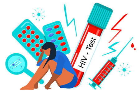 Sad young woman in depression because of AIDs.HIV test in laboratory tube,syringe with blood.Save yourself,prevent disease.Medical poster with immunodeficiency virus.Online consultation, supportingのイラスト素材
