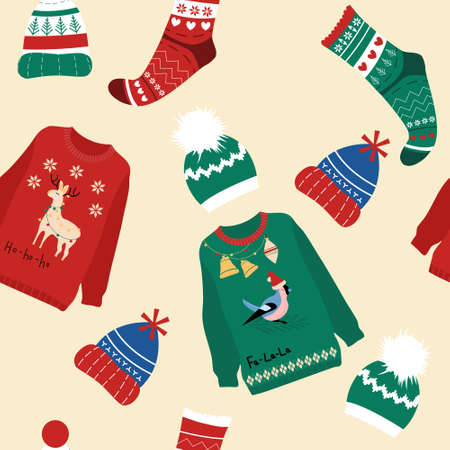 Seamless pattern with warm winter clothes from wool.Knitted sweaters for merry Christmas...